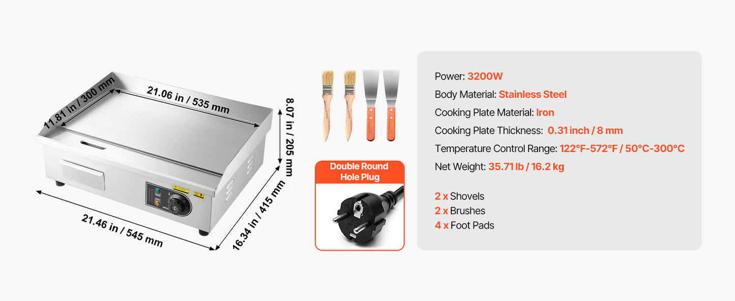 Commercial Electric Griddle 50-300°C Adjustable Temp Control, Stainless Steel Countertop Flat Top Grill for Steak Panc