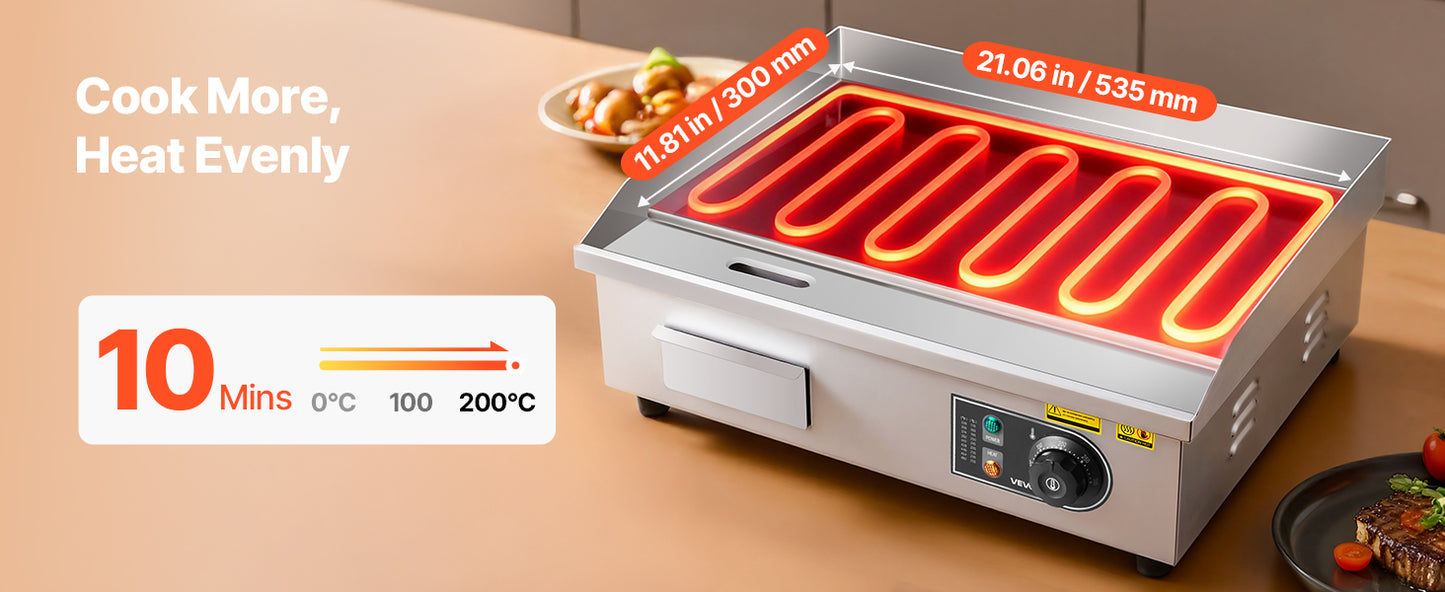 Commercial Electric Griddle 50-300°C Adjustable Temp Control, Stainless Steel Countertop Flat Top Grill for Steak Panc