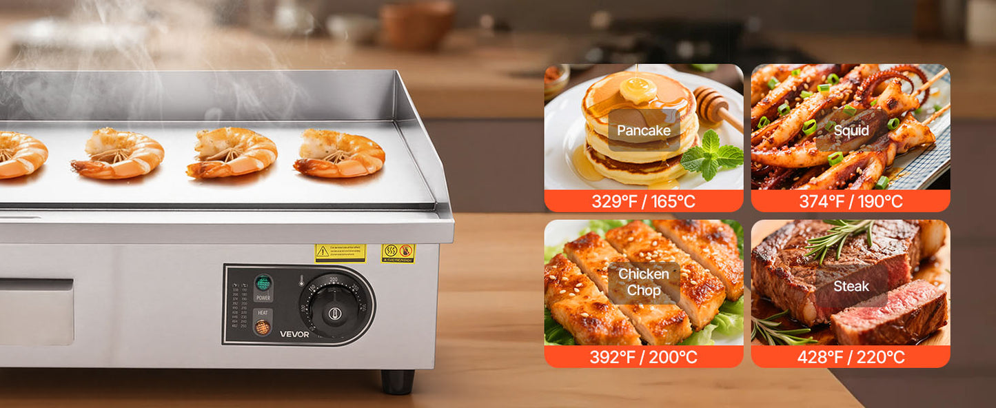Commercial Electric Griddle 50-300°C Adjustable Temp Control, Stainless Steel Countertop Flat Top Grill for Steak Panc