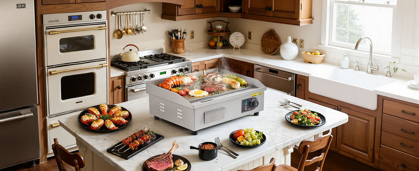 Commercial Electric Griddle 50-300°C Adjustable Temp Control, Stainless Steel Countertop Flat Top Grill for Steak Panc