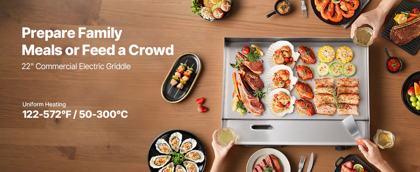 Commercial Electric Griddle 50-300°C Adjustable Temp Control, Stainless Steel Countertop Flat Top Grill for Steak Panc