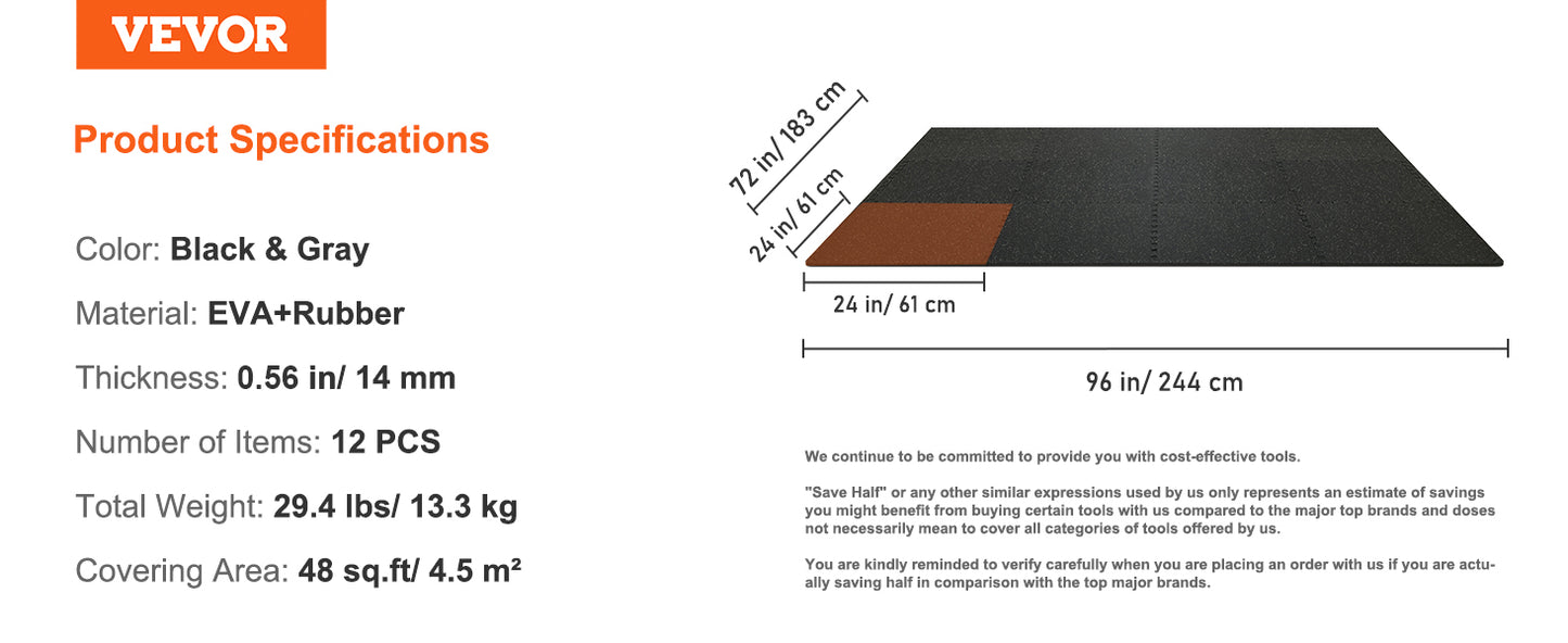 25/12/6 PCS 1/2 in Thick Gym Floor Mats EVA Foam & Rubber Top Interlocking Workout Floor Mats Waterproof Exercise Mats