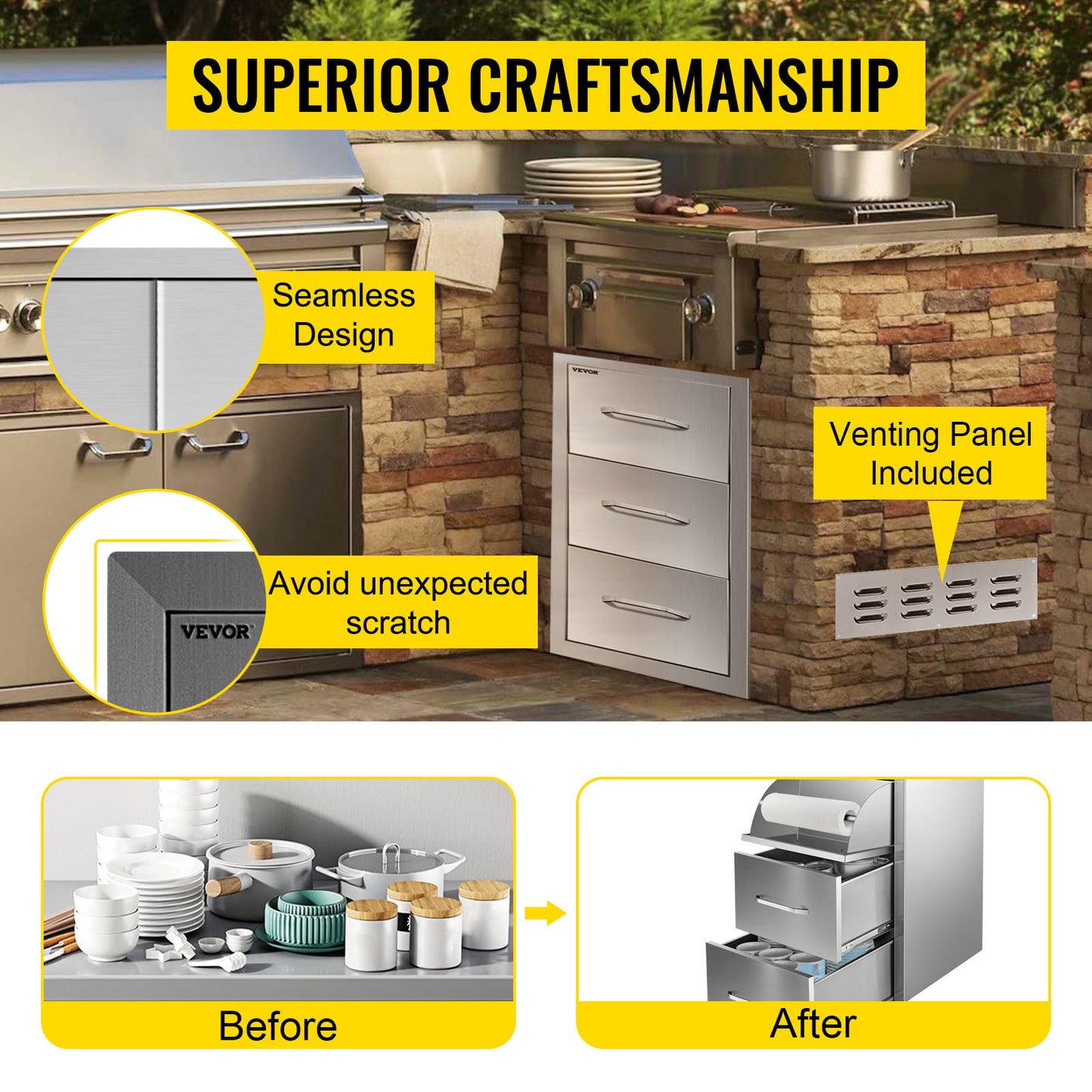 Stainless Steel Outdoor Kitchen Drawers W/ Handle Large Storage BBQ Island Great for Any Weather Condition