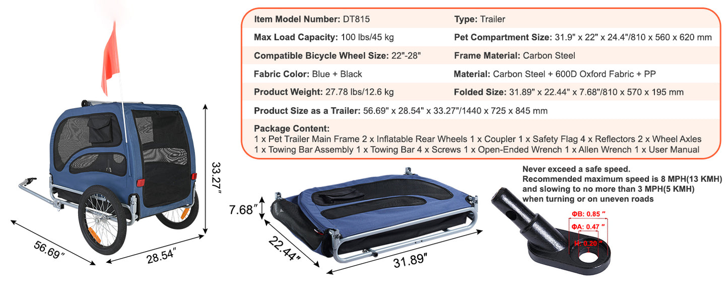 100lbs Pet Cart Bicycle Carrier Dog Bike Trailer with Coupler, Reflectors, Flag, Collapsible to Store for Dogs Travel