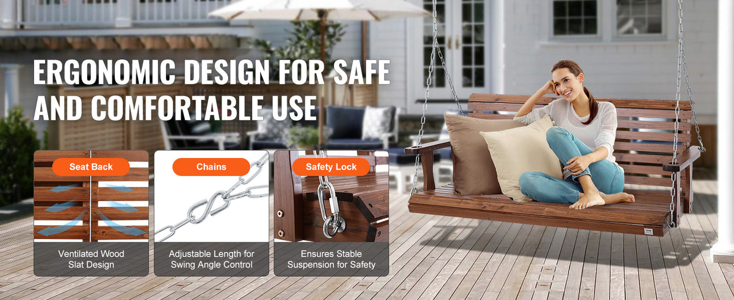 Wooden Porch Swing 5 ft Patio bench swing for Courtyard Garden Upgraded 880 lbs Strong Load Capacity Swing Chair Bench