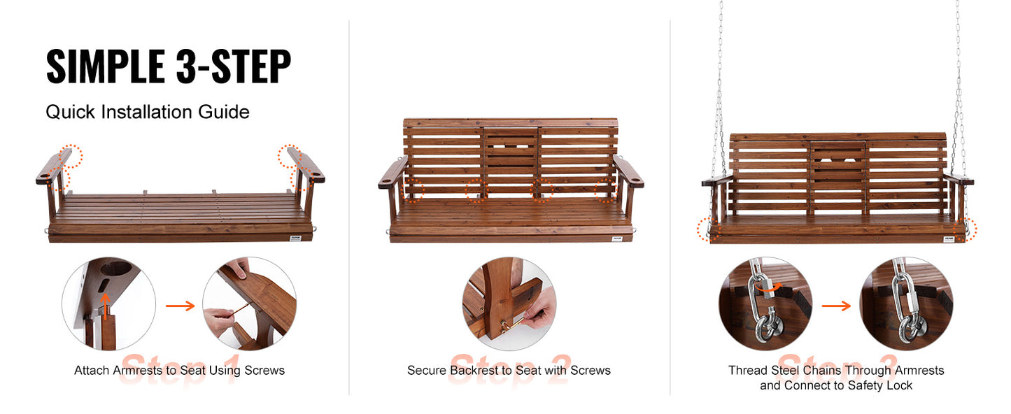 Wooden Porch Swing 5 ft Patio bench swing for Courtyard Garden Upgraded 880 lbs Strong Load Capacity Swing Chair Bench