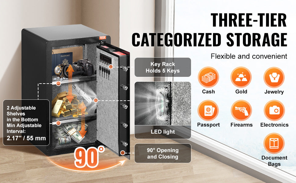 Single Door 4.0 cu.ft Safe Box w/ Key Lock Password & Fingerprint Safe Lock Box with Fireproof Bag Key Rack & LED Light