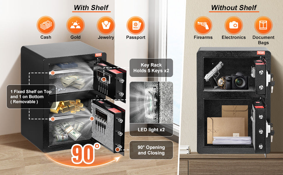 Single Door 4.0 cu.ft Safe Box w/ Key Lock Password & Fingerprint Safe Lock Box with Fireproof Bag Key Rack & LED Light