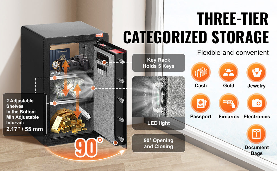 Single Door 4.0 cu.ft Safe Box w/ Key Lock Password & Fingerprint Safe Lock Box with Fireproof Bag Key Rack & LED Light