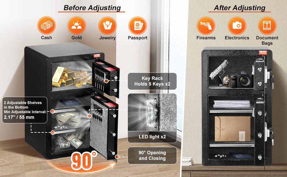 Single Door 4.0 cu.ft Safe Box w/ Key Lock Password & Fingerprint Safe Lock Box with Fireproof Bag Key Rack & LED Light