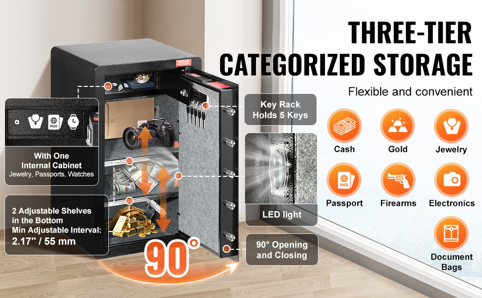 Single Door 4.0 cu.ft Safe Box w/ Key Lock Password & Fingerprint Safe Lock Box with Fireproof Bag Key Rack & LED Light