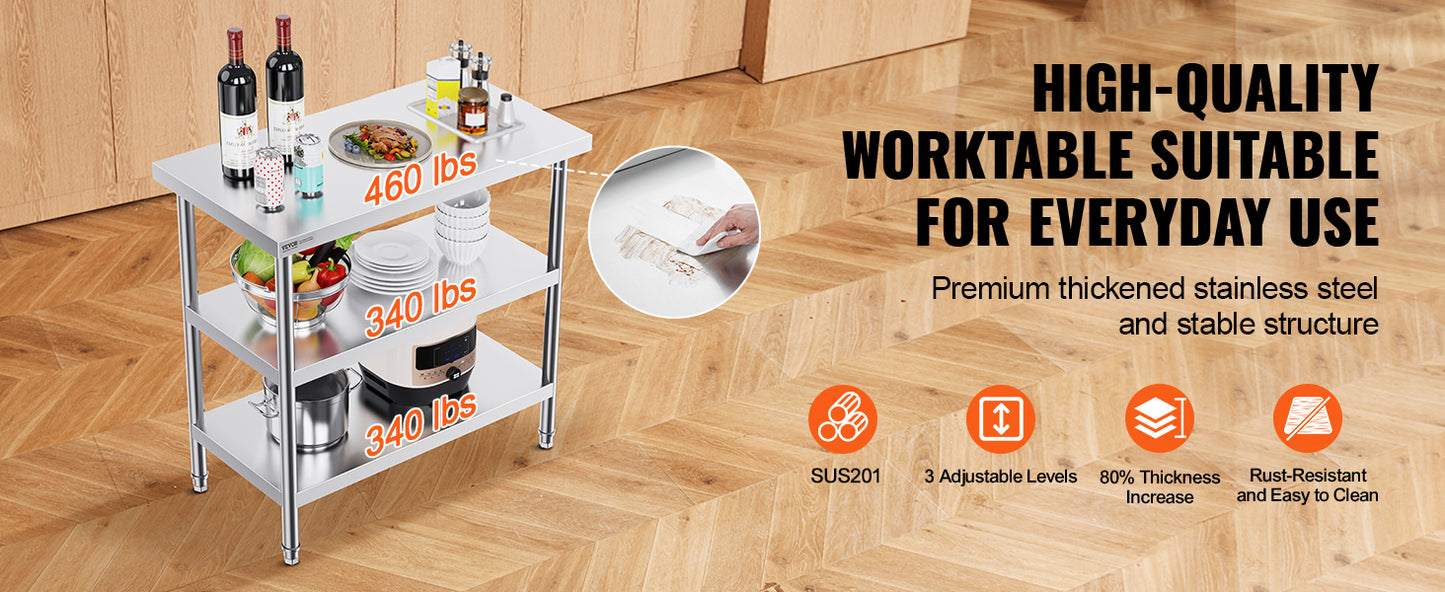 Stainless Steel Food Prep Table Commercial Kitchen Worktable with 2 Adjustable Undershelf for BBQ Kitchen Home Garage