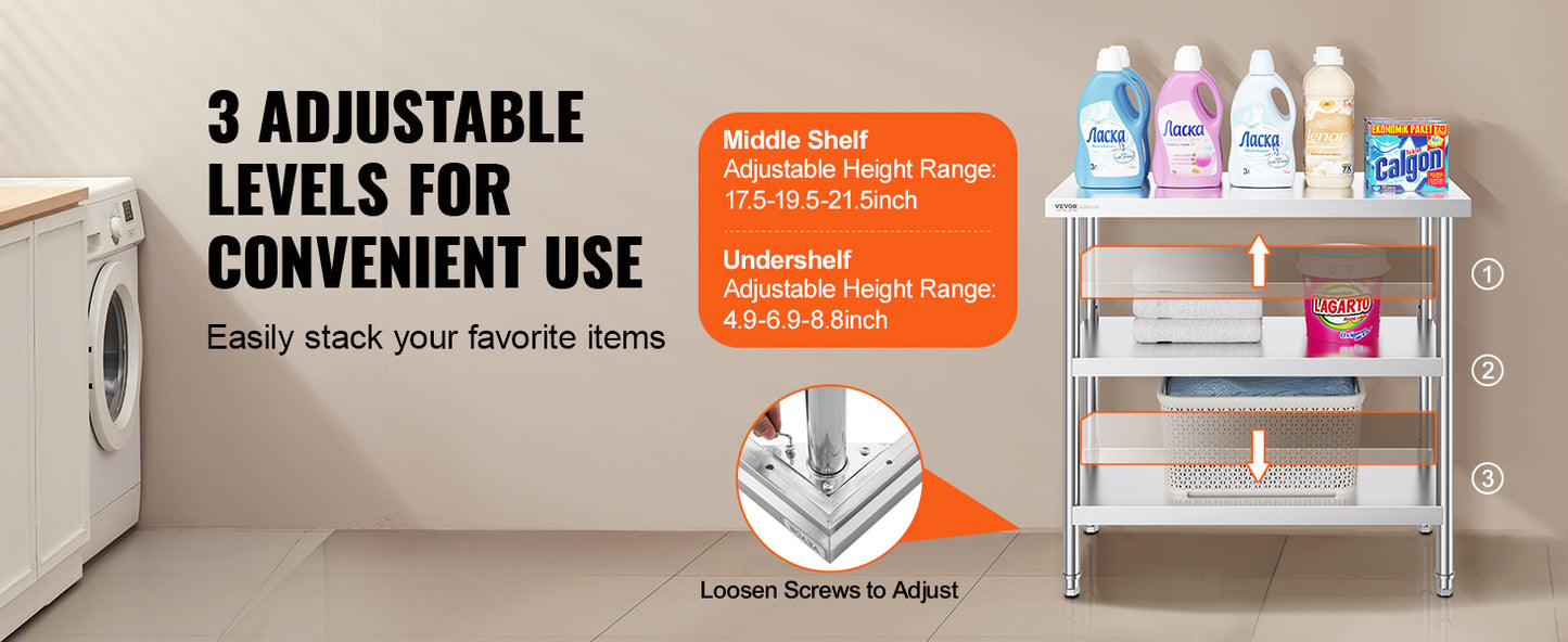 Stainless Steel Food Prep Table Commercial Kitchen Worktable with 2 Adjustable Undershelf for BBQ Kitchen Home Garage