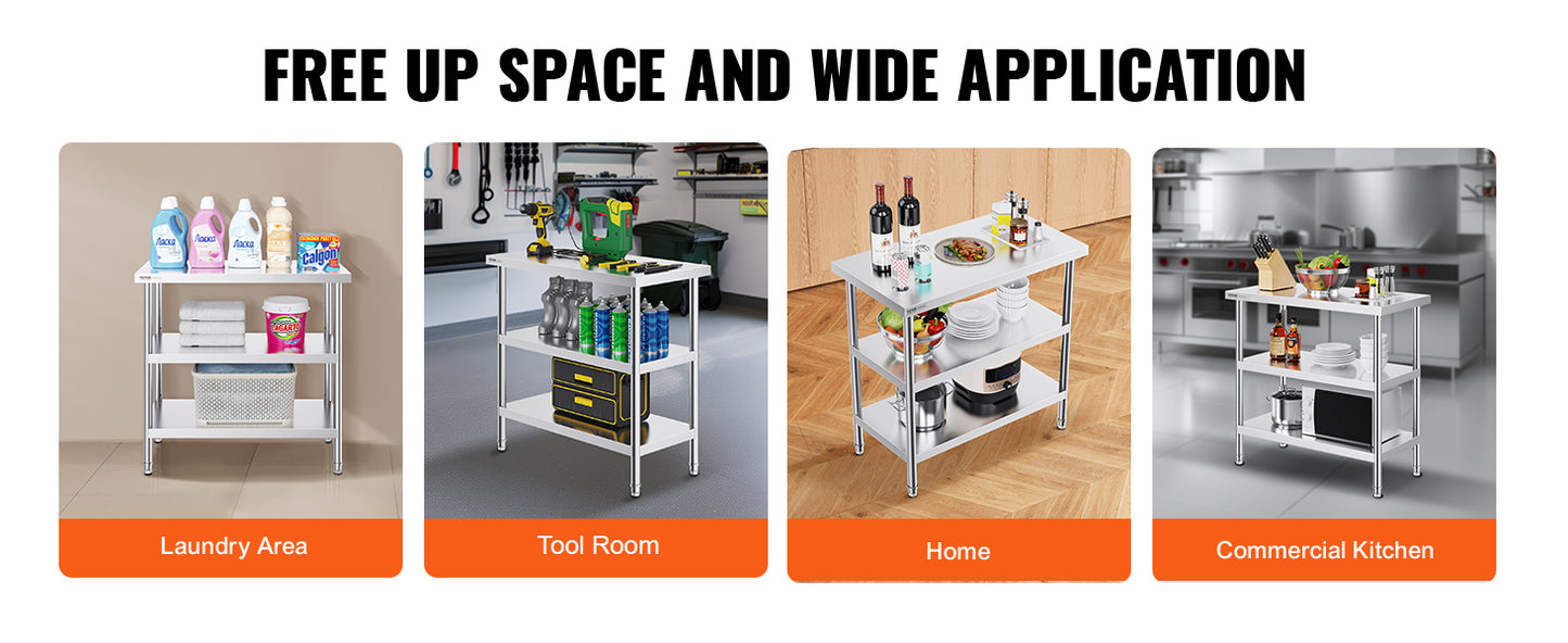 Stainless Steel Food Prep Table Commercial Kitchen Worktable with 2 Adjustable Undershelf for BBQ Kitchen Home Garage