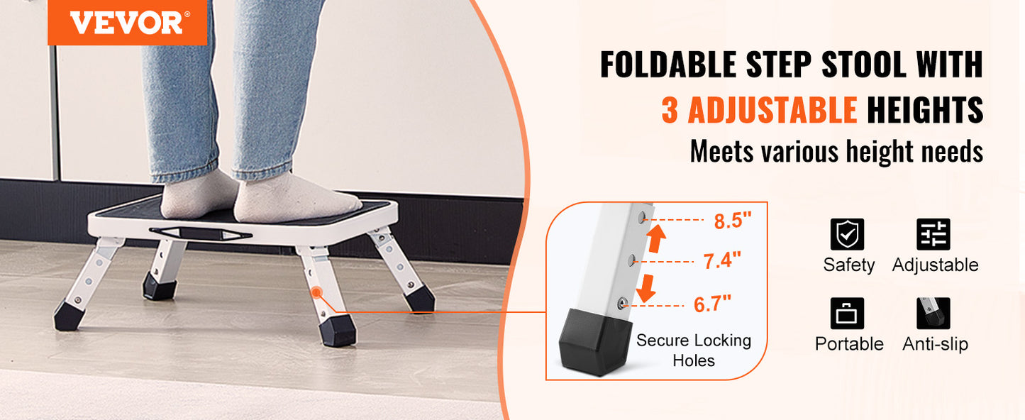 Step Stool 1 Step 330lbs Capacity Adjustable Height Toddlers Adults Non Slip Sturdy For Office RVs Pets Bathrooms Bedrooms